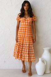 Robe mi-longue à carreaux vintage à col en V et manches bouffantes - Orange